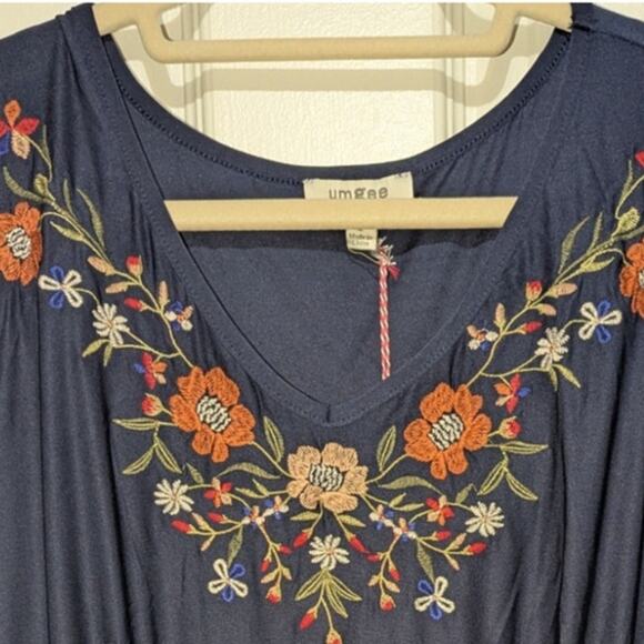 UMGEE Navy Floral Embroidered V-Neck Tiered Ruffle Boho Babydoll Dress Size S - Picture 9 of 10